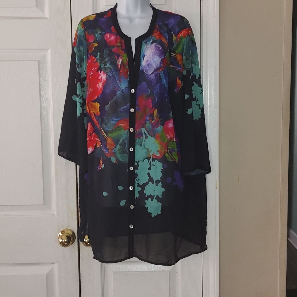 Soft Surroundings sheer gorgeous floral garden button down tunic shirt Sz 1X EUC
